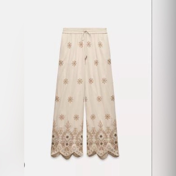 Zara Embroidered Floral Wide-Leg Pants Boho Scalloped Hem S - Picture 1 of 13